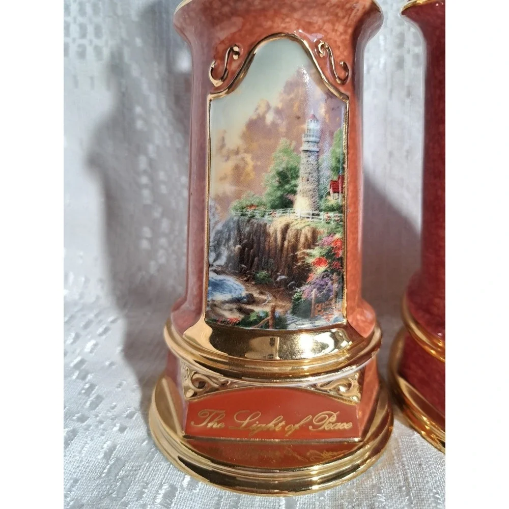 Thomas Kinkade Illuminated Porcelain Lighthouse Figurine‎ Set Of 2 2004